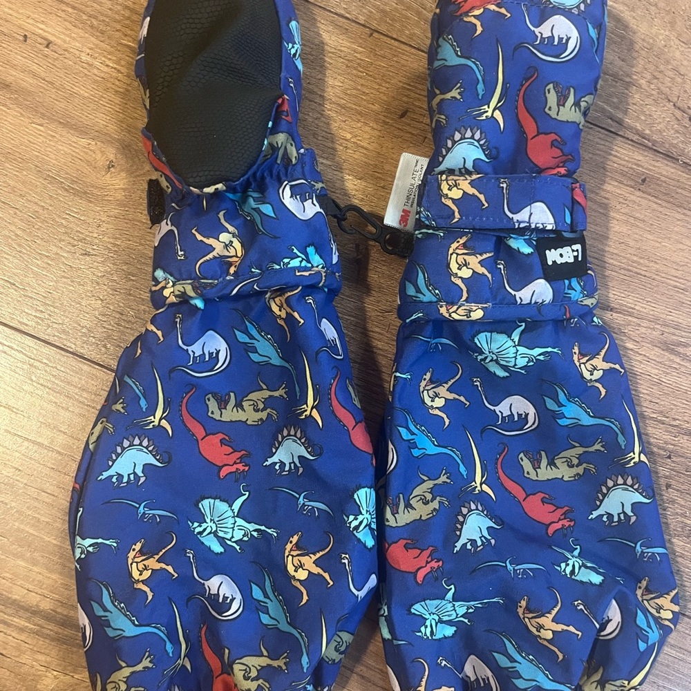 L-Bow Blue Dinosaur Print Mittens